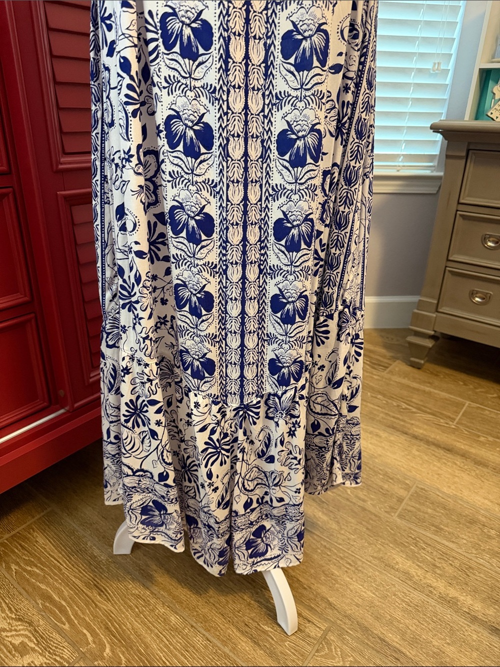 Angie Blue and White Printed Maxi Dress with Spaghetti Straps - Picture 3 of 9